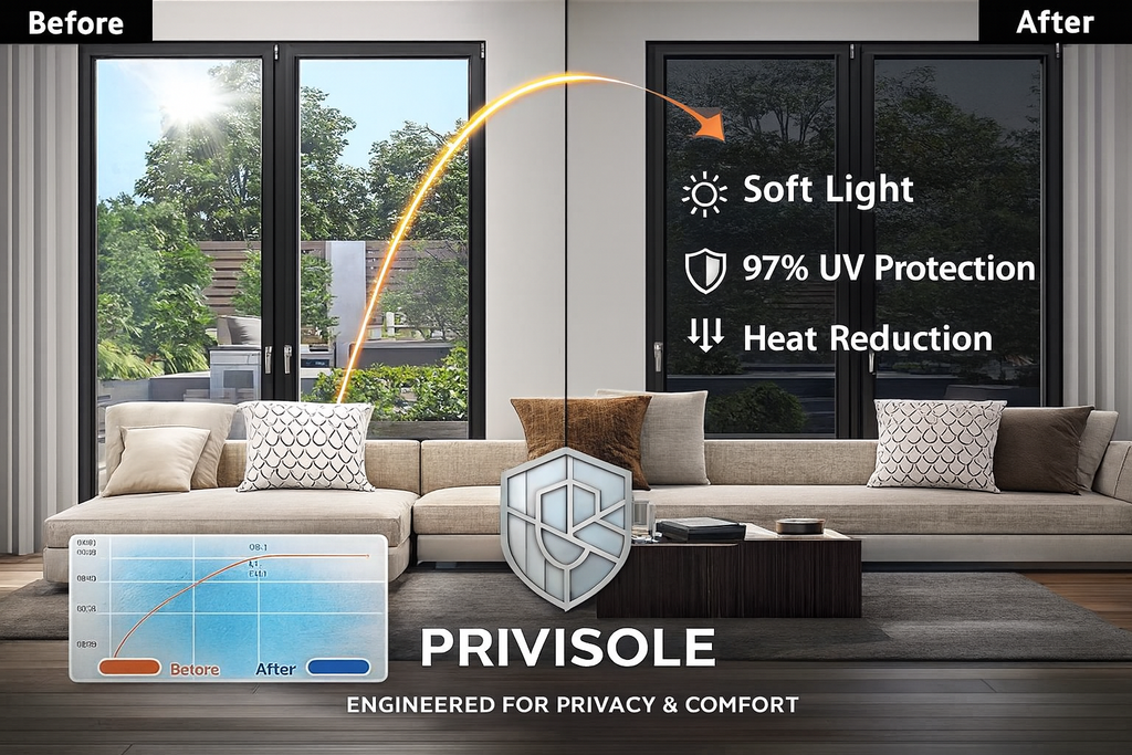 Privisole Premium Privacy Film – 90% Visibility Block, Sunlight & Heat Reduction for Homes & Offices