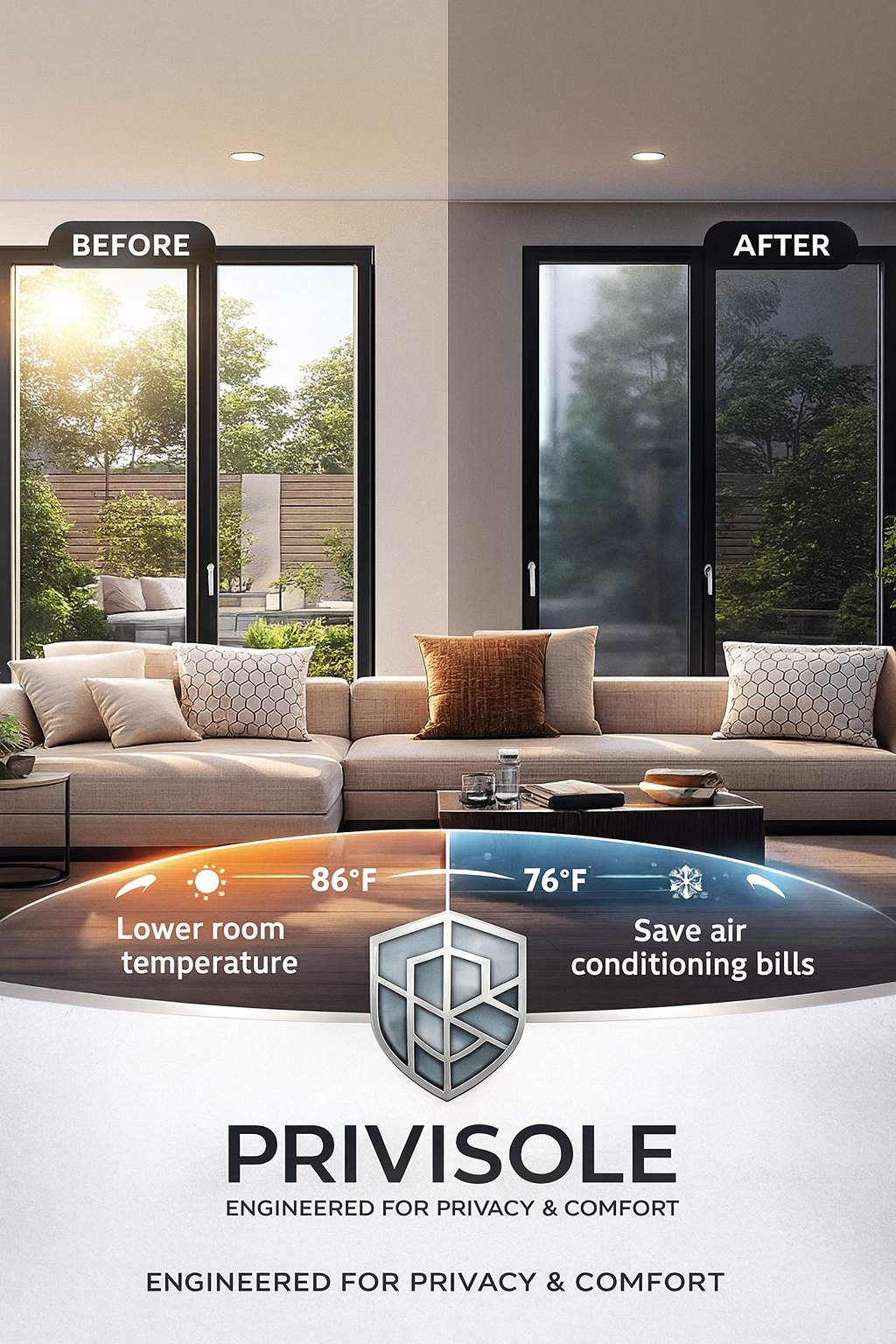 Privisole Premium Privacy Film – 90% Visibility Block, Sunlight & Heat Reduction for Homes & Offices